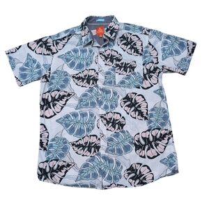 Free Planet Tropical Hawaiian Shirt Button Down Short Sleeve Blue Pink Leaf